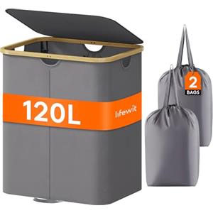 Lifewit 120L Grande Cesto Portabiancheria con Coperchio e Sacchi Rimovibili, Portabiancheria Sporca con Manici in bambù, Cesta Biancheria Pieghevole a 2 Scomparti per Camera, Bagno, Lavanderia, Grigio