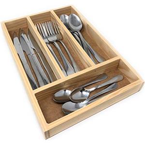 Space Home - Portaposate Adatto per Cassetto - Organizzatori di Cassetti di Cucina - Vassoio Portaposate Porta-Coltelli e Porta Utensili da Cucina in Legno Naturale - 32 x 22 x 3,5 cm
