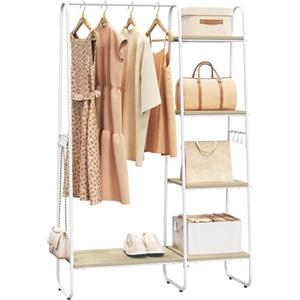 WOLTU Stand Appendiabiti con Barra, Armadio Aperto con Scarpiera, 4 Ripiani, 6 Ganci Rimovibili, per Camera da Letto, Ingresso, 100x40x152 cm, in Metallo e Legno, Rovere Chiaro + Bianco