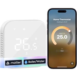 Meross Termostato WiFi, Termostato Caldaia Smart Cronotermostato da Parete Intelligente, Matter Termostato Ambiente Riscaldamento e Raffreddamento per Controllo Vocale Siri, Alexa e Google