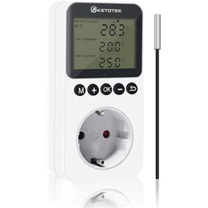 KETOTEK Giorno Notte Presa Termostato, Digitale Spina Termoregolatore 220V con Sonda, Regolatore di Temperatura con Timer Temporizzatore per Rettili Tappetino Riscaldante Terrario
