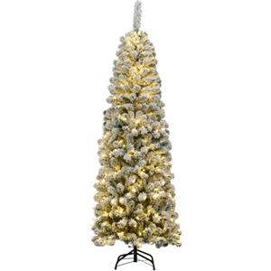 RELAX4LIFE Albero di Natale Slim 180cm, Albero di Natale con 250 Luci Incorporate, Albero Artificiale Innevato, Decorazioni Natalizie per Camino Home Office (180cm)
