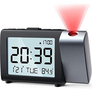 MeesMeek Sveglia digitale a proiezione: Digital Clock con temperatura data 12/24H, luminosità e volume regolabili, orologio a batteria per bambini anziani viaggi camera da letto comodino ufficio (Rosso)