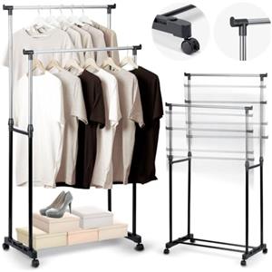BAKAJI Stand Appendiabiti Doppio in Metallo Allungabile con Ruote, Appendi Abiti Telescopico da Terra, 93 a 158 cm, Salvaspazio, Robusto, Attaccapanni da Ingresso, Camera da Letto, Negozio, Soggiorno