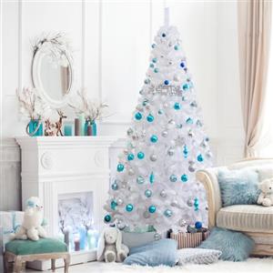 GYMAX Albero di Natale Artificiale 210 cm, 950 Rami Folti in PVC, Base in Metallo di 45 cm, Divisibile da Trasporto e Montaggio Facile, Albero Natalizio Ideale per Casa/Ufficio/Negozio, Bianco