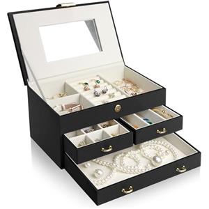 ADEL DREAM Portagioie a 3 Livelli con Fibbia in Oro Rosa Custodia per Gioielli in Pelle PU Regalo in Morbido Velluto per i tuoi Cari e Amici Nerone