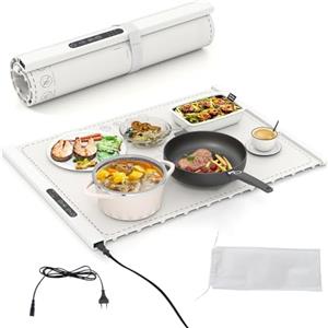 RELAX4LIFE Tappetino Riscaldante per Alimenti, Scaldavivande Elettrico Arrotolabile in Silicone, con Tempo e Temperature Regolabili, Cinturino Autobloccante, per Scongelamento (60 x 44cm,Bianco)