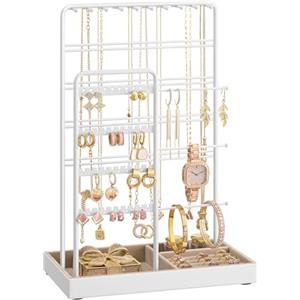 SONGMICS Portagioie, Porta Collane e Orecchini, Espositore per Gioielli, Metallo, Vassoio in Velluto, per Collane Bracciali Orecchini Anelli, Idea regalo, Bianco Opaco JJS028W01