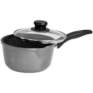 STONELINE Pentola con Manico e 2 Beccucci, Ghisa, Diametro 18 cm, Coperchio in Vetro, Rivestimento Antiaderente