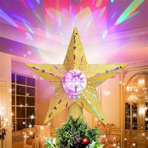 Quntis Stella Albero Natale con Luci Proiettore 3D, Puntale Effetti di Proiezione Colorati, Decorazione Stella per Interno Festa, Oro