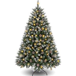 Himimi Albero di Natale Artificiale da 180 cm con 250 LED e Neve (Ø ca. 110 cm) 1000 Punte, Albero di Natale Decorato con Pigne, Ignifugo, Sistema di Montaggio Rapido, Supporto Pieghevole Verde Bianco
