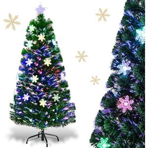 RELAX4LIFE Albero di Natale Artificiale 120 cm con Luci in Fibre Ottiche e Addobbi: 1 Stella e 18 Fiocchi di Neve a LED, 120 Rami Folti e Realistici in PVC, Base Pieghevole in Ferro