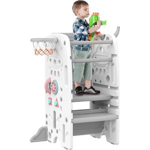 Gupamiga Torre Montessoriana per Bambini, Antiribaltamento, Regolabile in Altezza, Gradini Antiscivolo, con Funzioni di Intrattenimento come Pittura, Pallacanestro o Lancio Dell'anello SST-02