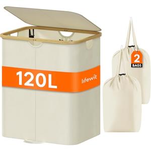 Lifewit 120L Grande Cesto Portabiancheria con Coperchio e Sacchi Rimovibili, Portabiancheria Sporca con Manici in bambù, Cesta Biancheria Pieghevole a 2 Scomparti per Camera, Bagno, Lavanderia, Beige