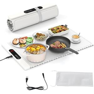 RELAX4LIFE Tappetino Riscaldante per Alimenti, Scaldavivande Elettrico Arrotolabile in Silicone, con Tempo e Temperature Regolabili, Cinturino Autobloccante, per Scongelamento (60 x 38cm,Bianco)
