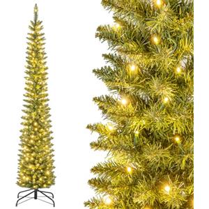 COSTWAY Albero di Natale Slim da 150/180/210 CM, Albero di Natale Artificiale con 150/180/200 Luci LED Bianche Calde, 296/390/499 Punte di Ramo e Supporto Pieghevole in Metallo (210 cm)
