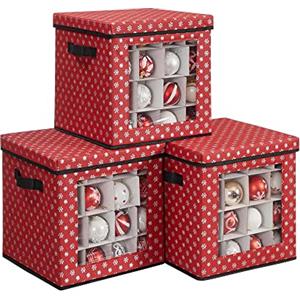 SONGMICS Set di 3 Contenitori per Palline di Natale, Scatole per Decorazioni Natalizie, 64 Posti a Scatola, Divisori Componibili, 30,5 x 30,5 x 30,5 cm, Rosso RFB029R01