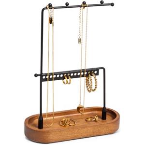 KOOK TIME Espositore gioielli | porta collane da appendere | porta orecchini organizer | con vassoio in legno di acacia per anelli, bracciali e altri piccoli gioielli | 17.5x7x22 cm. Nero/Acacia