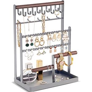ProCase Organizer per gioielli, organizer per collane, orecchini, regali di San Valentino, 6 ripiani, supporto per collane, espositore per gioielli, albero per braccialetti e anelli, grigio