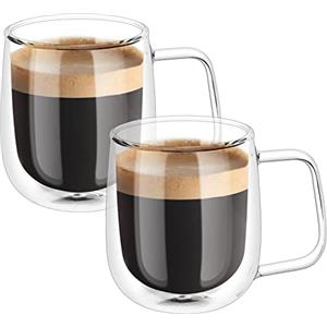 Vicloon Tazza in Vetro a Doppia Parete, Bicchiere Tazzine Termo-isolata, 250 ml con Manico, Calici da Acqua per tè, caffè, Latte, Cappuccino, Espresso, Birra Trasparente, Set di 2