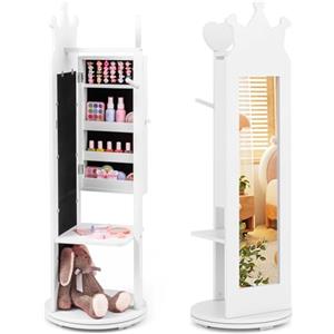 COSTWAY Armadio Portagioie per Bambini 36 x 36 x 112cm, Specchio da Terra a Forma di Corona con Ganci, Ripiani e Base Girevole, Toeletta per Cameretta (Bianco)