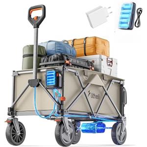 Litheli Carrello elettrico pieghevole, pieghevole con freni, portata 200 l, 60 kg, adatto per campeggio, giardino, spiaggia, shopping (beige, 1 batteria + caricatore)