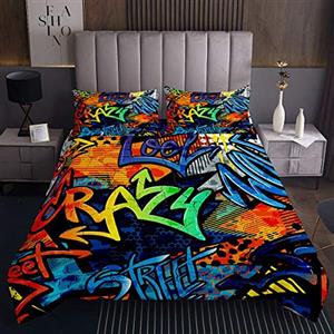Loussiesd Hippie Graffiti Coverlet Teens Hip Hop Decor Copriletto Trapuntato Coverlet per Bambini Ragazzi Ragazze Graffiti Pattern Trapunta Set Cultura Strada Letto Collezione Collezione 3 Pz240x220cm