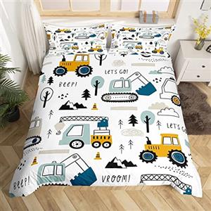 Loussiesd Set di biancheria da letto per bambini con cartoni animati per auto, set di biancheria da letto, di camion e camion, per escavatore, trattore, bianco, giallo, copriletto, camera da letto singolo,