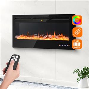 BAKAJI Camino Elettrico a Incasso Livigno con Cornice Nera 2000W, Caminetto Muro con Telecomando, Stufa a Parete Effetto Fuoco Realistico, Termostato Digitale, Protezione Surriscaldamento (42 Pollici)