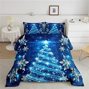 Loussiesd Set Trapunta per ragazze con albero di Natale blu a tema natalizio 135x200cm chic set di biancheria da letto invernale con fiocco di neve per ragazze e figlie decorazione per camera da letto mo