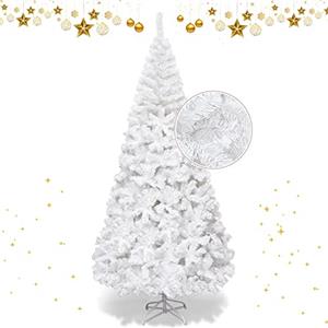 GYMAX Albero di Natale Artificiale 150 cm, 350 Rami Folti in PVC, Base in Metallo di 35 cm, Divisibile da Trasporto e Montaggio Facile, Albero Natalizio Ideale per Casa/Ufficio/Negozio, Bianco