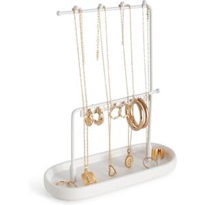 KOOK TIME Espositore gioielli | porta collane da appendere | porta orecchini organizer | con vassoio in ceramica per anelli, bracciali e altri piccoli gioielli | 17.5x7x22 cm Colore: bianco opaco