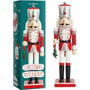 THE TWIDDLERS - Soldatino Schiaccianoci in legno, 30cm / 12" nei colori rosso, argento e bianco - Ornamento tradizionale classico in legno di pino, decorazione natalizia di qualità con parti mobili