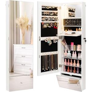 COSTWAY Armadietto Portagioie da Parete, Specchio Portagioie con Luci LED, Organizzer per Gioielli e Accessori, Specchietto Interno e Mensola Pieghevole, 4 Mensole, per Soggiorno Camera da Letto