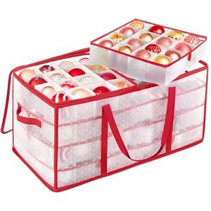 SONGMICS Contenitore per Palline di Natale, Scatola per Decorazioni Natalizie, 128 Posti, Divisori Componibili, 67 x 34 x 34 cm,Semitrasparente e Rosso RFB029T01