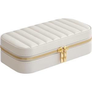 SONGMICS HOME ANAH Collezione - Portagioie da Viaggio, per Natale, Piccola Scatola Porta Gioielli con Specchio, 10,5 x 20,5 x 6 cm, PU con Cucitura, Portatile, Idea Regalo, Bianco Nuvola JBC180W01