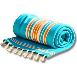 o-day Telo Mare Cotone Fouta 170x90 cm - Asciugamano Mare Cotone Leggero per Spiaggia, Lettino, Viaggio, Uomo Donna, Righe, Salvaspazio (Ocra con Righe Azzurre)