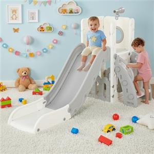 MAMIZO Scivolo per Bambini, Scivolo Giocattolo da Interno o Esterno, Scivolo da Giardino,4 in 1 Scivolo Indipendente con Spazio di Deposito e 1Pcs Telescopi da Gioco, per 1-6 Anni, Grigio Bianco