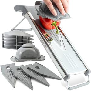 STONELINE Mandolina per Verdure Manuale 9 Pezzi Affettaverdure Tagliaverdure Affettatrice, 5 Lame in Acciaio Inox, Frutta Cipolla Patate Patatine Fritte, Fette, Bastoncini, Julienne, Cubetti