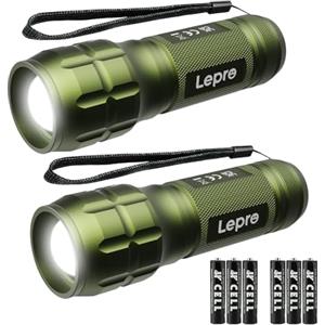 Lighting EVER LE Torcia LED Potente Professionale LE1000,Torcia Scout da Impermeabile IPX4 da Pila LED,Torcia Tattica Militare Zoomabile,Adatta per Campeggio Emergenza Bambini,Verde 2 Pezzi (6 Batterie AAA Incluse)