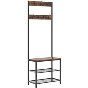WOLTU Appendiabiti Panca Porta Scarpe 3 in 1, Scaffale per Scarpe a 2 Livelli con Sedile e 7 Ganci, per Corridoio/Ingresso, Metallo + Legno Ingegnerizzato, Nero + Marrone Rustico, 60x31,5x170cm
