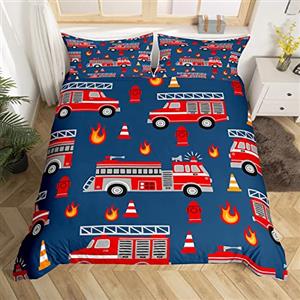 Loussiesd Set di biancheria da letto per auto fumetto camion dei pompieri copripiumino camera pompiere trapunta copertura pompiere auto veicolo blu rosso 2 pezzi taglia singola