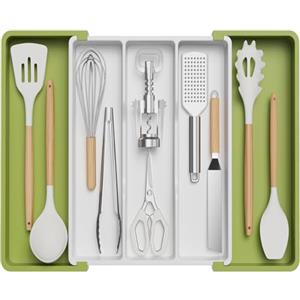Lifewit Portaposate per cassetti, grande portautensili espandibile fino a 57 cm, porta utensili da cucina, profondità 38 cm, in plastica, per coltello/forchetta, verde e bianco