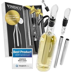 Vinenco Refrigeratore per Bottiglie Vino, Set 3 in 1: Asta di Raffreddamento Inox di qualità + Aeratore Decanter + Versatore Salvagoccia | Aperitivo Accessori Sommelier Barman | Regalo Donna Uomo Festa Bar
