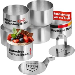STONELINE Set di Coppapasta 8 Pezzi, Anelli per Torte 8 cm, Altezza 5 cm, in Acciaio Inox, Tondo, Pressa Stantuffo Paletta Base, Anelli Rotondi Coppa Pasta per Torte Dessert Mousse Alimenti