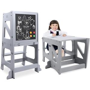 YOLEO Torre Montessoriana Bambini, 3 in 1 Torre di apprendimento per Bambini, Multifunzionale Torre Montessoriana Pieghevole con Lavagna Magnetica Bifacciale (Grigio)
