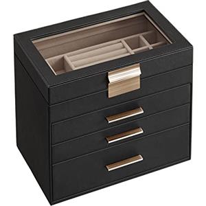 SONGMICS Scatola Portagioie, per Natale, 4 Livelli, Coperchio in Vetro, 3 Cassetti, Porta Gioielli, Occhiali da Sole e Accessori Grandi, Moderno, Nero Grafite e Dorato JBC161B02