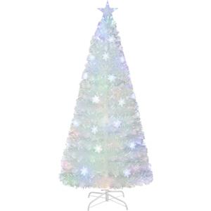 COSTWAY Albero di Natale Pre-illuminato in Fibra Ottica 120/150/180/210 cm, Albero di Natale Bianco con Foglie Iridescenti, Luci a LED a Fiocco di Neve Multicolore, Luce Superiore a Stella (180 CM)