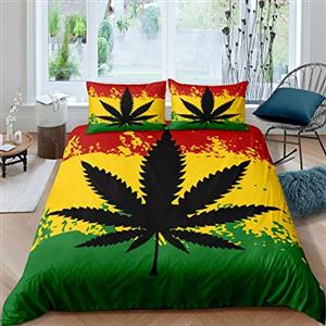 Homemissing set di biancheria da letto con foglie di cannabis e erbacce, set di copripiumino rosso, giallo, verde, verde e cravatta, con copriletto in canapa, copriletto con 2 federe, 3 pezzi