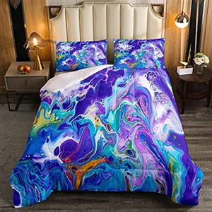 Loussiesd Copriletto 200x200cm con stampa astratta marmorizzata viola, per bambini e adulti, morbida trapunta in marmo blu turchese chiaro con 2 federe
